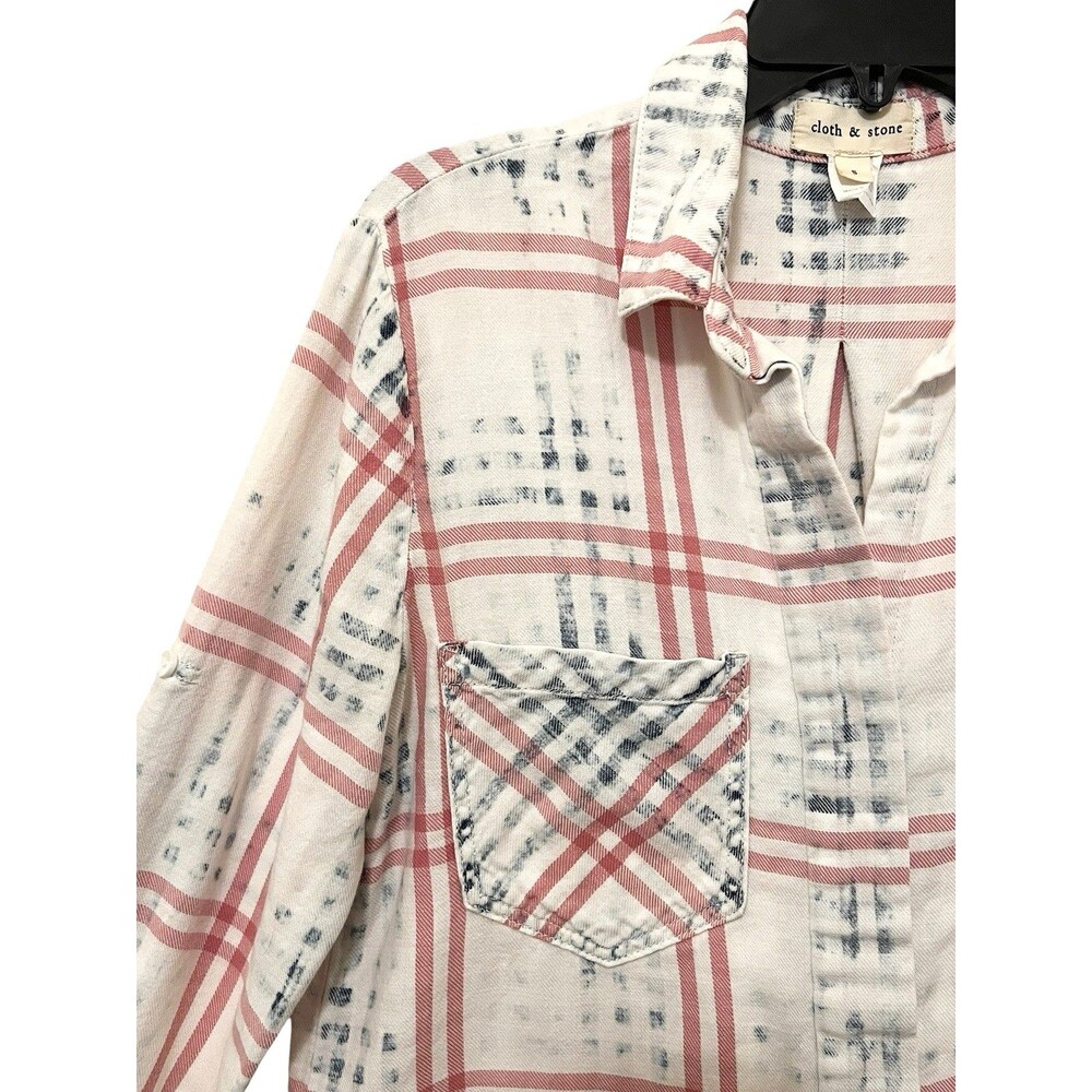 Anthro CLOTH & STONE Plaid Button Front Shirt Faded Red White Blue Roll Tab S - Picture 3 of 7